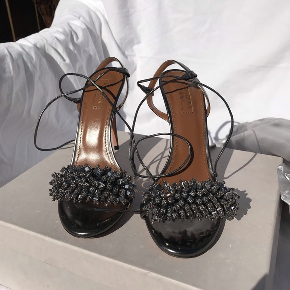 Aquazzura Grey Metallic Embellished Ankle Wrap - Picture 2 of 7